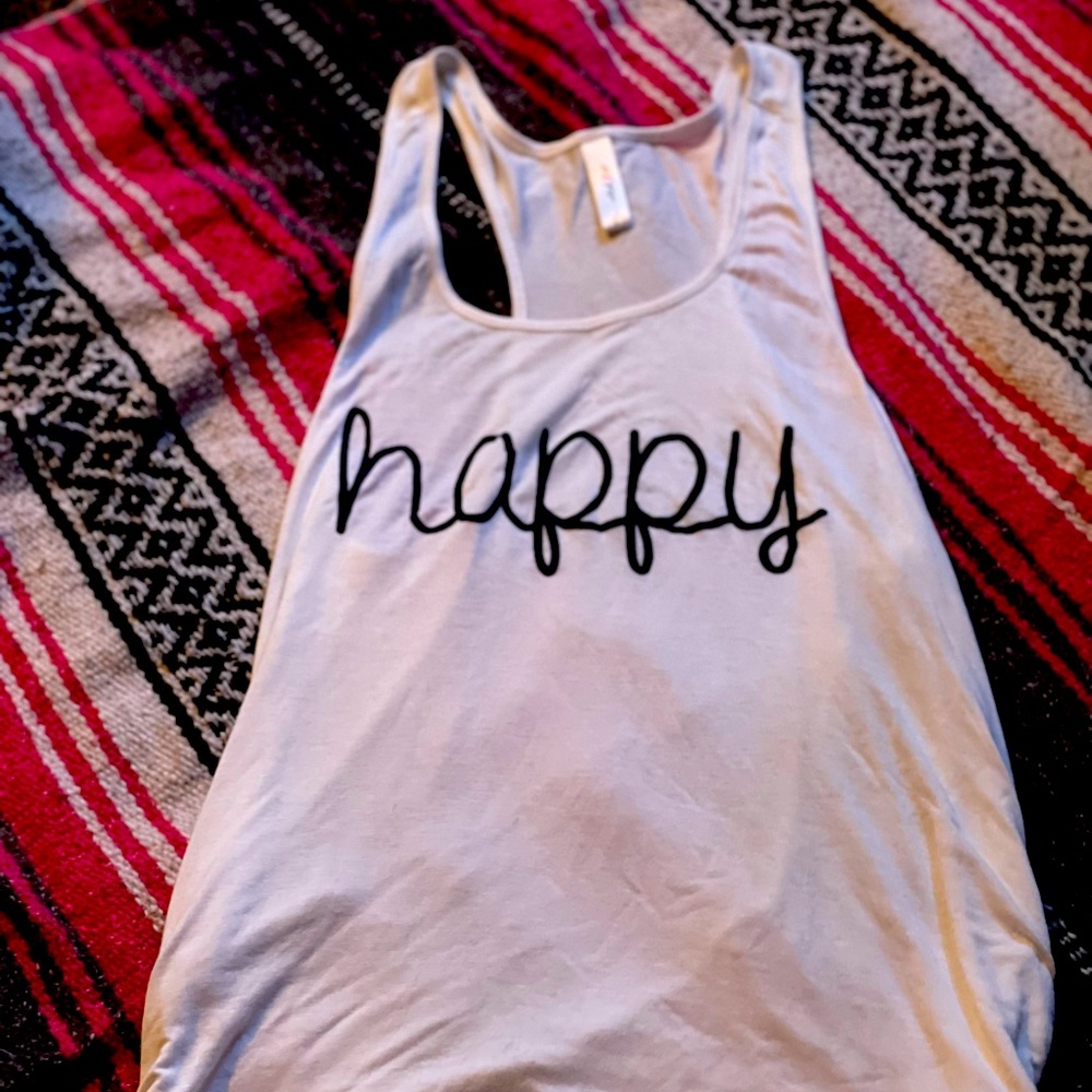White tank top, black lettering